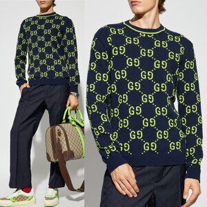 GUCCI SWEATER MENS GG COTTON JACQUARD CREWNECK KNIT TOP